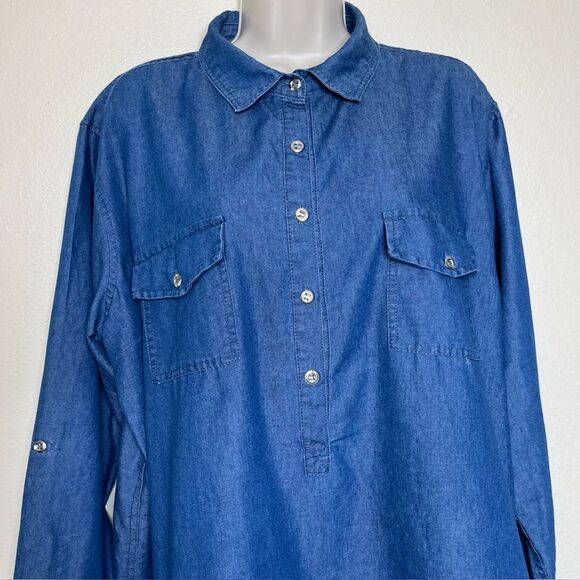 Audrey Lane Chambray Denim Popover Tunic Long Sleeve Roll Tab Cotton Women 2X - Picture 3 of 13